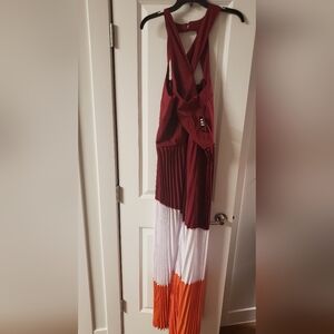 Color Block Pleated Jumpsuit. Burgundy,White,Orange. Ashley Stewart. Size 14/16.
